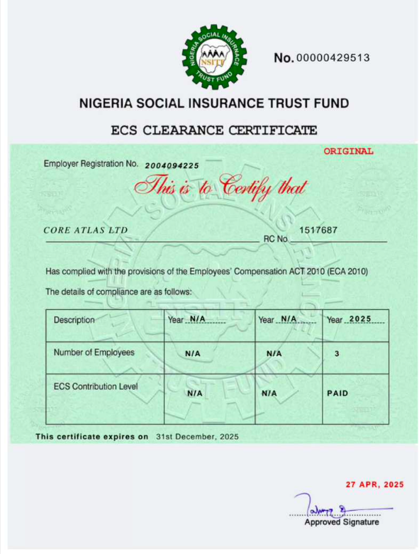 CORE ATLAS ECS CLEARANCE CERTIFICATE