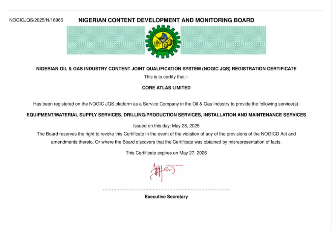 CORE ATLAS OIL & GAS INDUSTRY CONTENT REG CERT